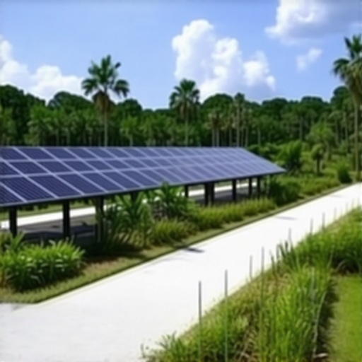 Lush landscape with solar panels and native Florida plants showcasing sustainable development in Timber Pines.