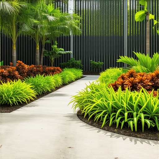 A vibrant community garden with solar lighting and native plants, illustrating sustainability